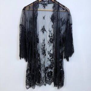 Avid Love Sheer Floral Lace Open Front Kimono Robe Size L Black Dark Romantic